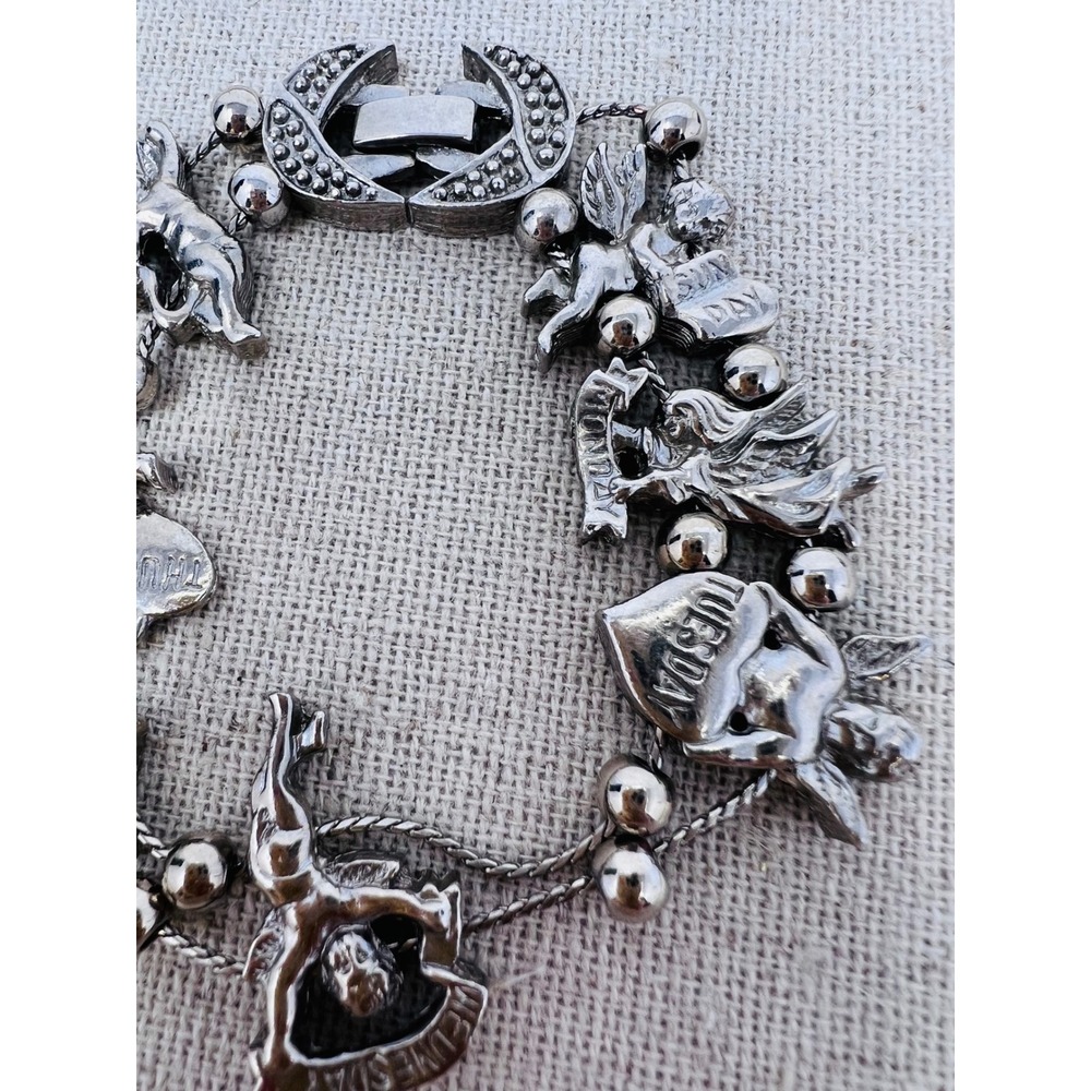 Vintage Silver Tone Days of the Week Cherub Angel Celestial Heart Charm Bracelet - Picture 8 of 11